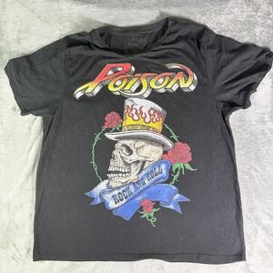 Poison Rock and Roll Skull Top Hat Roses Graphic T Shirt 2XL Black